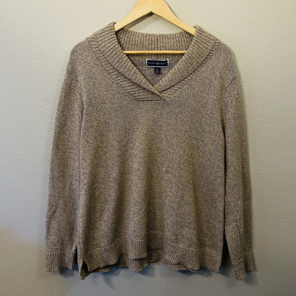 Karen Scott Shawl Neck 100% Cotton‎ Sweater Brown Beige Minimalist Natural Sz XL